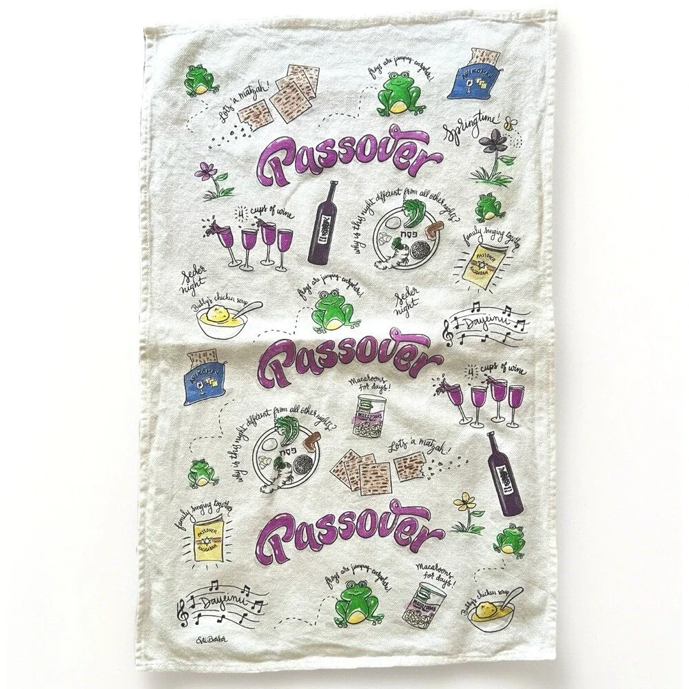 Passover Pesach cotton kitchen towel matzah frogs